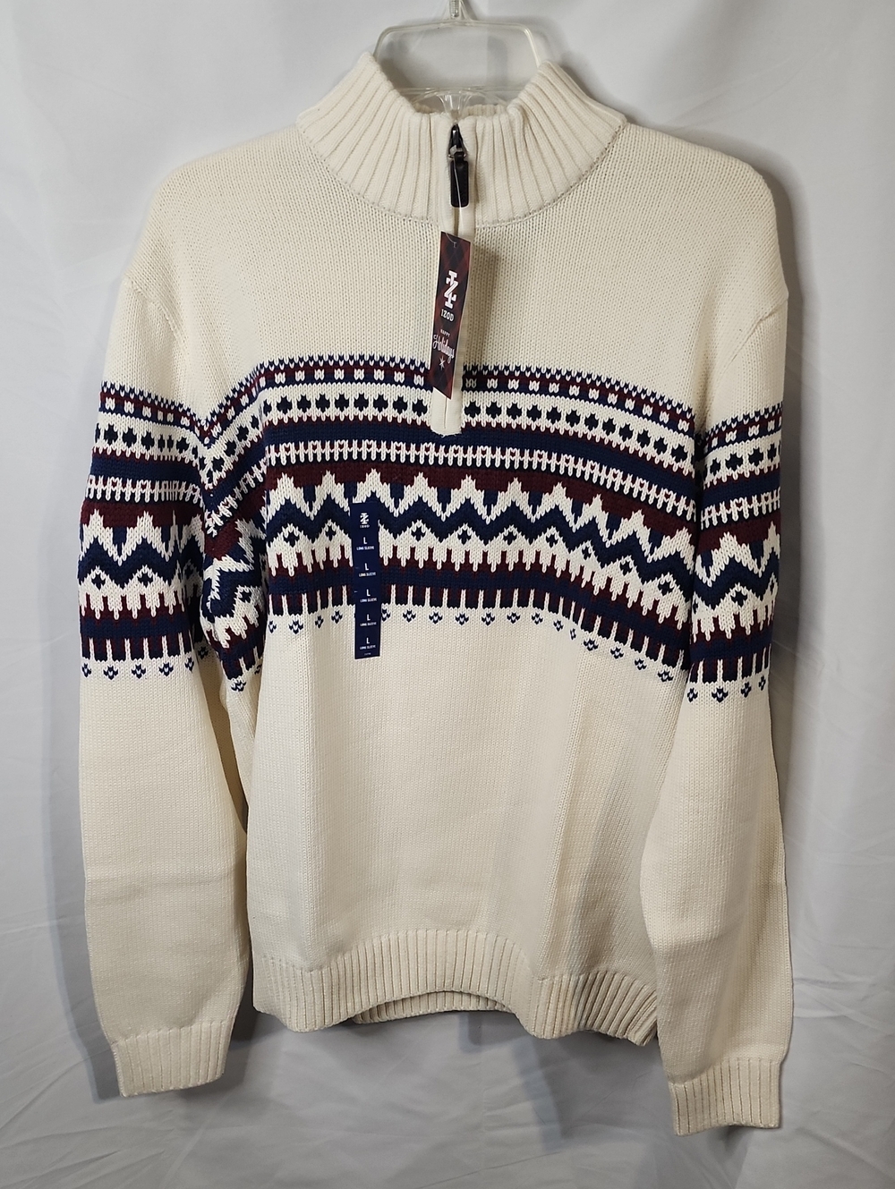 Izod Fair Isle Quarter Zip Mock Neck Sweater In Cream Men's Large New With Tag